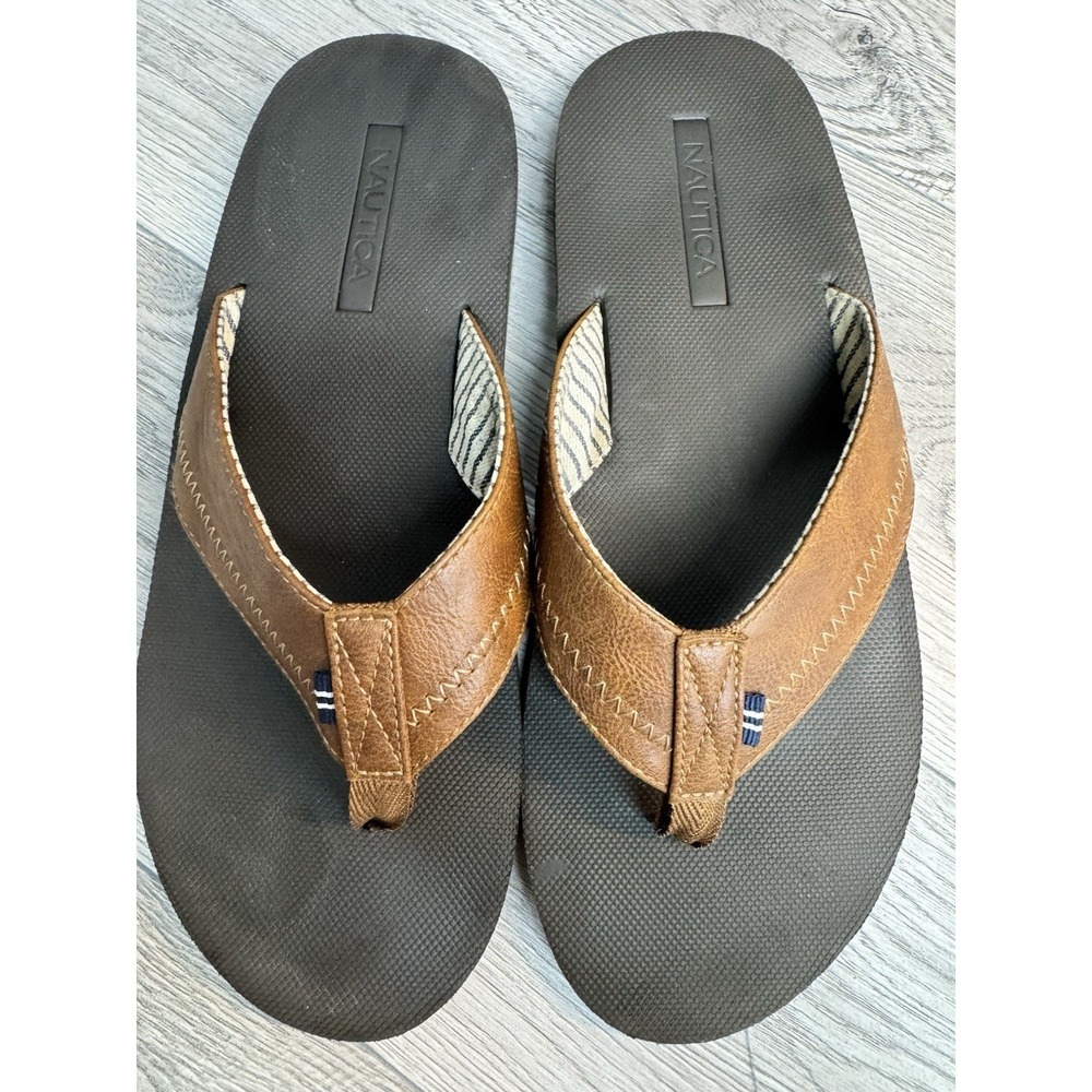 Nautica Men's Flip Flop Padded Thong Sandals Size 11 Brown Faux Leather